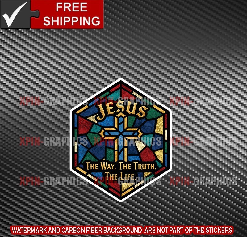 Jesus The Way Truth Life Faux Stained Glass Vinyl Decal Sticker Christian B