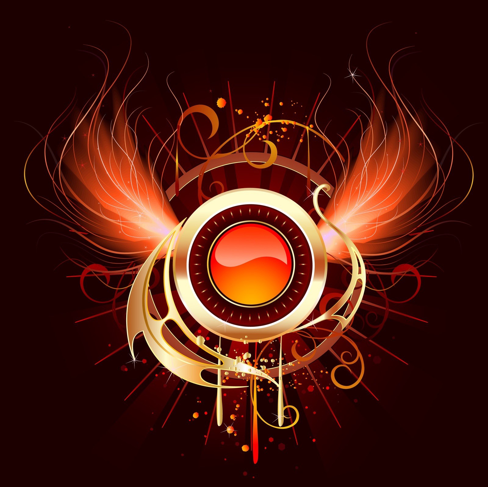 Hot Red Banner Fiery Wings Sticker 3” Flaming Gold Circle Spiritual Fantasy !