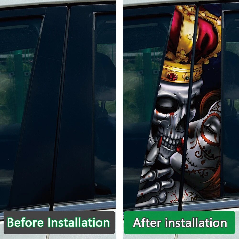 2X Skeleton Couple King Cross Car B Pillar Sticker Center Column Cover Decals