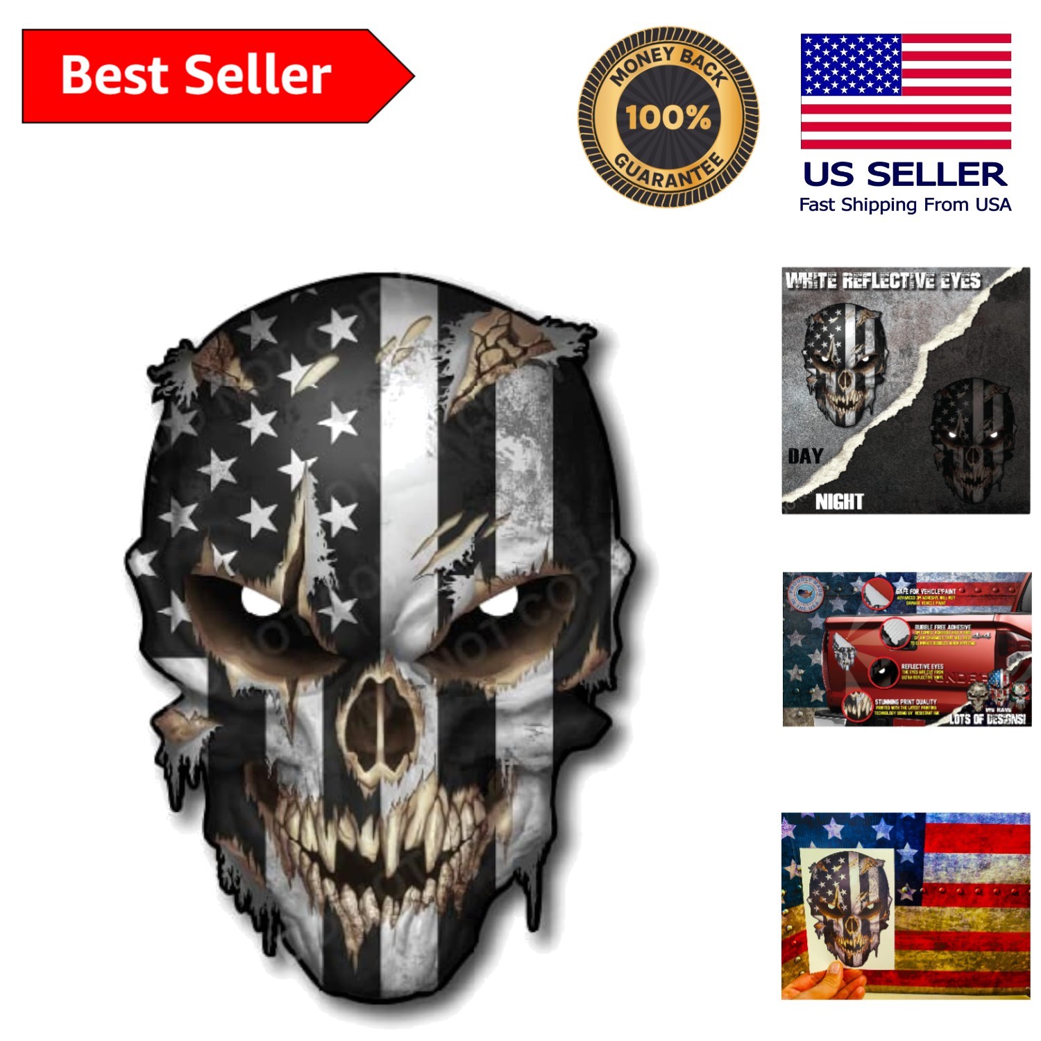 Durable American Flag Skull Decal with Glitter & Reflective Eyes – 6.5 Inch