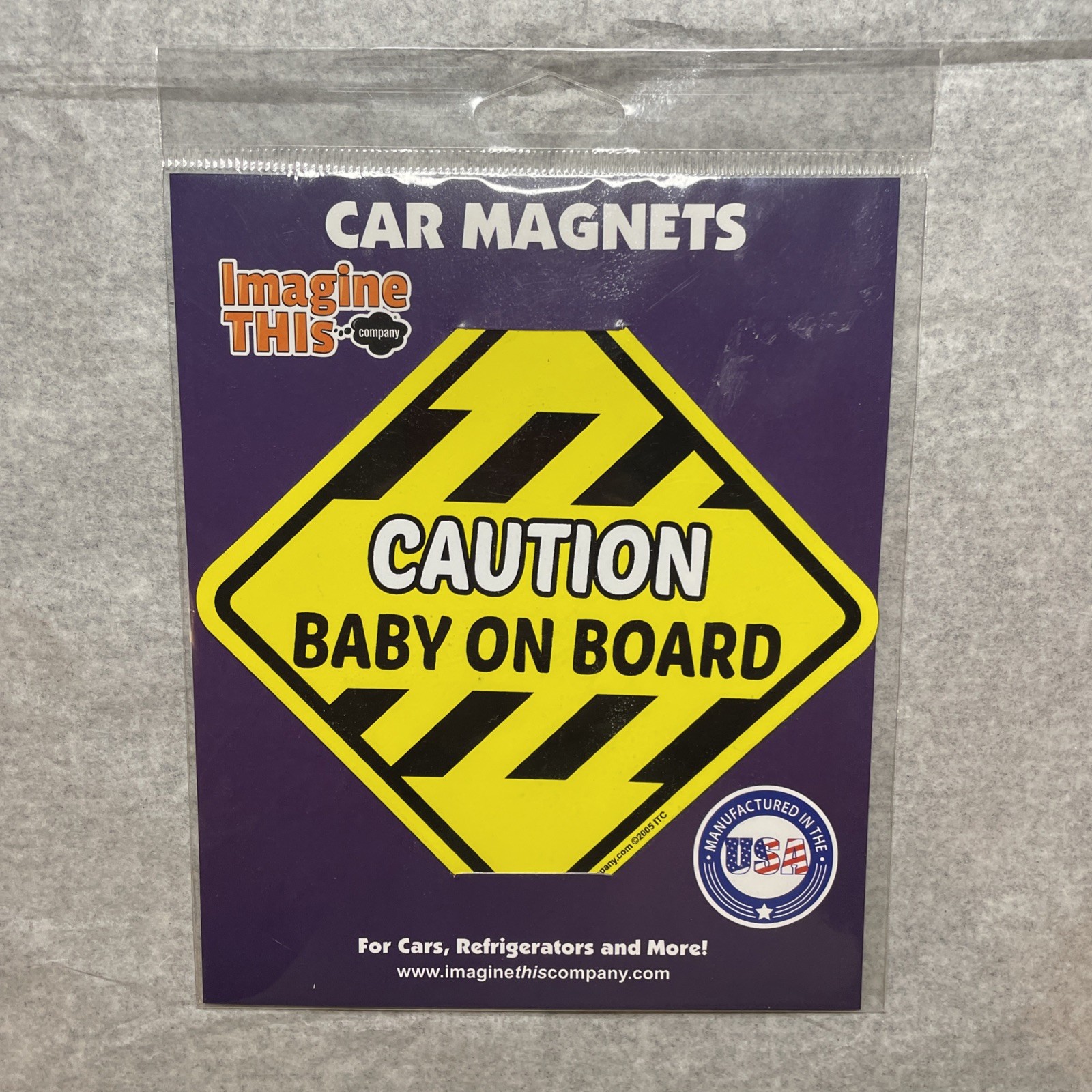 Imagine This Caution Baby On Board Car Refrigerator Magnet Yellow 5”x5″ New