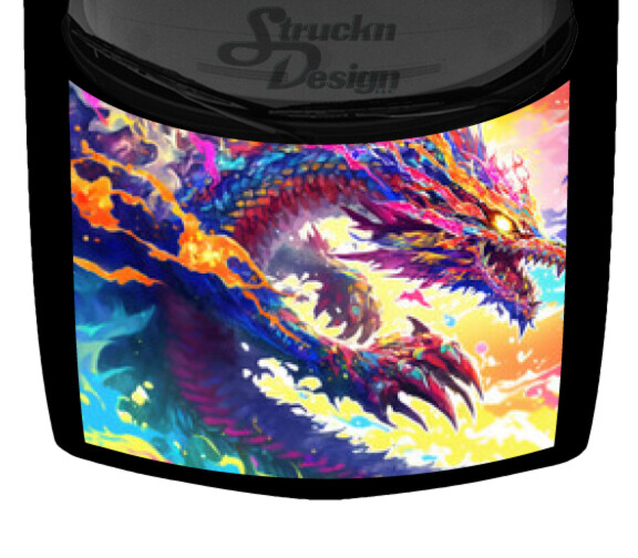 Dark Blue Vibrant Rainbow Dragon Action Hood Wrap Vinyl Graphic Decal 58″ x 65″