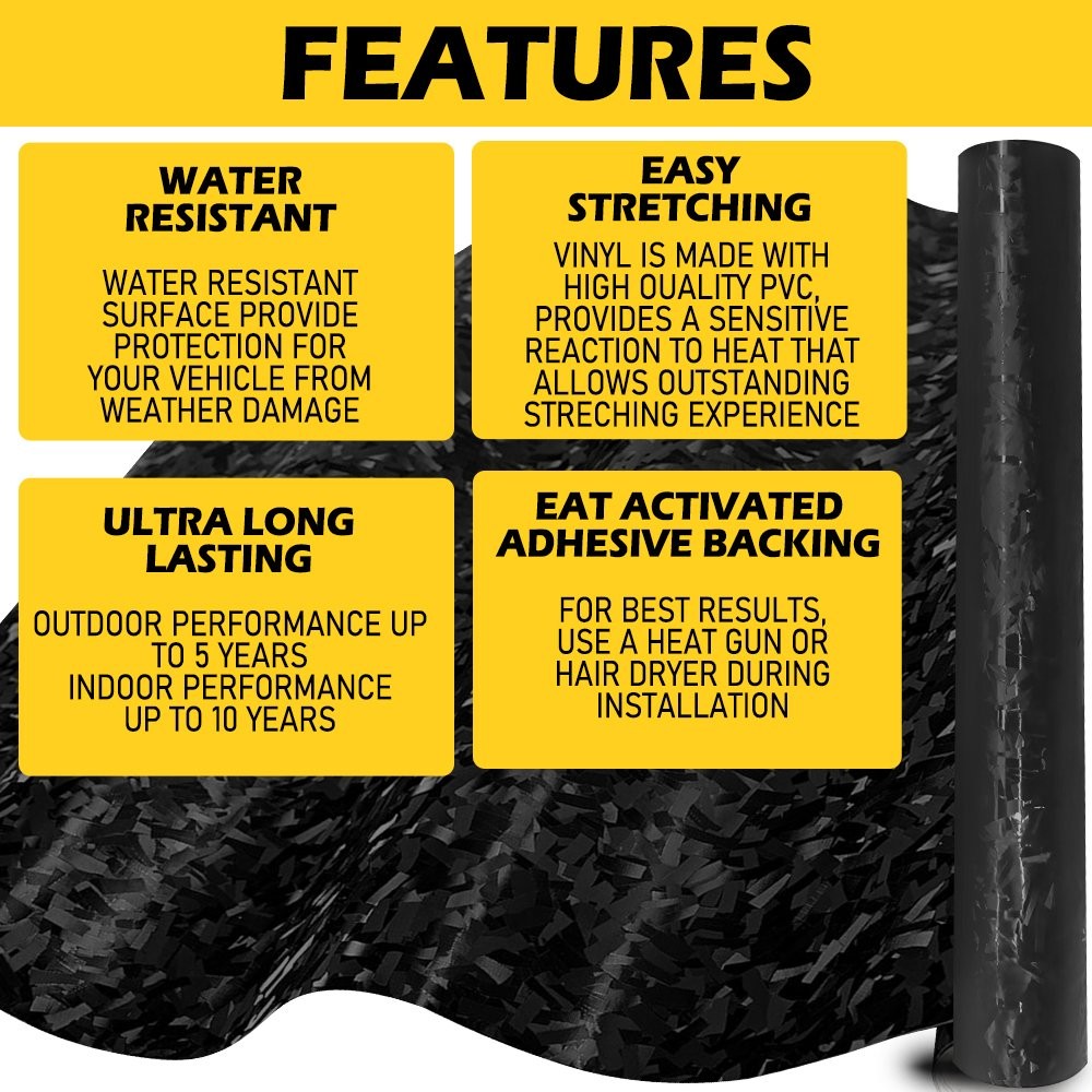 24K Chopped Carbon Forged Sticker Fiber Decal Black Gloss Car Vinyl Wrap Sheet