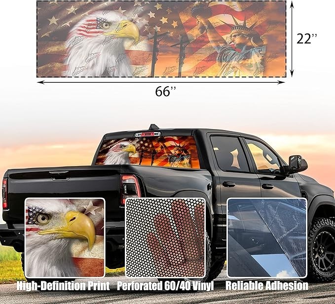 American Flag Truck Rear Window Decals, Cross Eagle for Truck 66”x20″