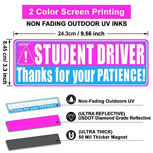 3 Pack Student Driver Magnet Reflective Signs for Car, 9×3.3 Inch