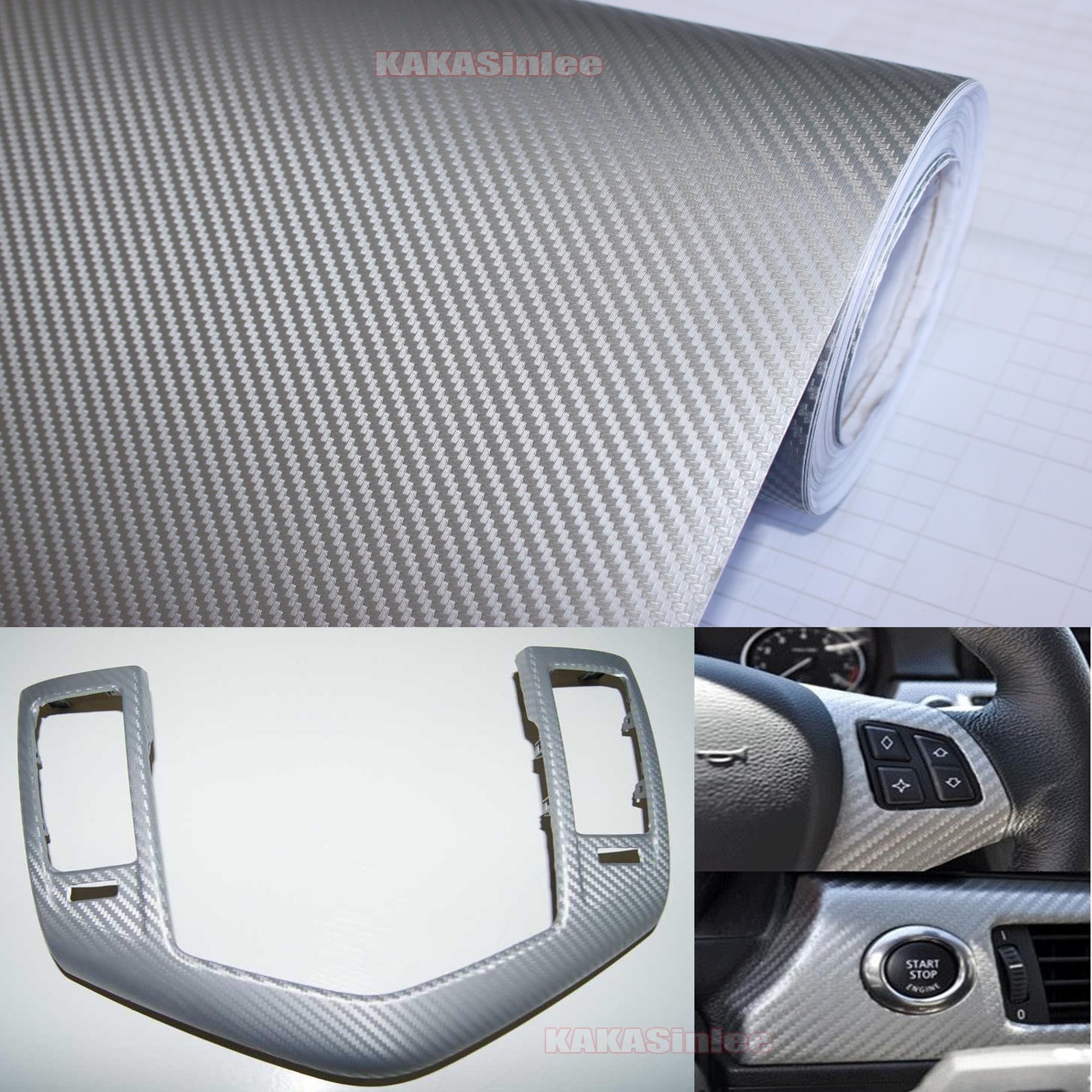 4″ W – 3D Silver Sheet Car PVC Grain Carbon Fiber Vinyl Tape Wrap Sticker Strips