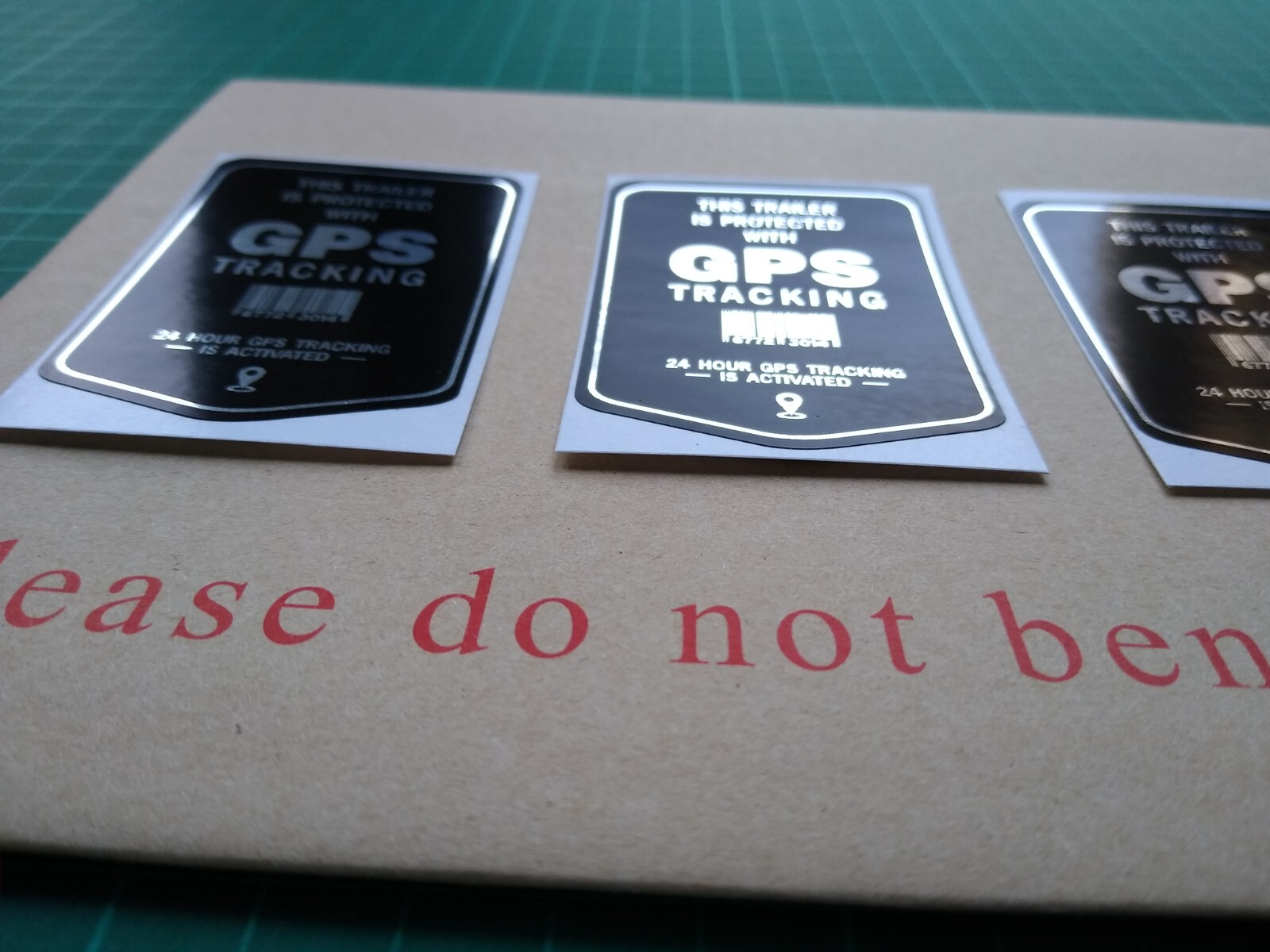 3 x Trailer GPS Tracking Stickers – Polished Mirror Silver & Black Security