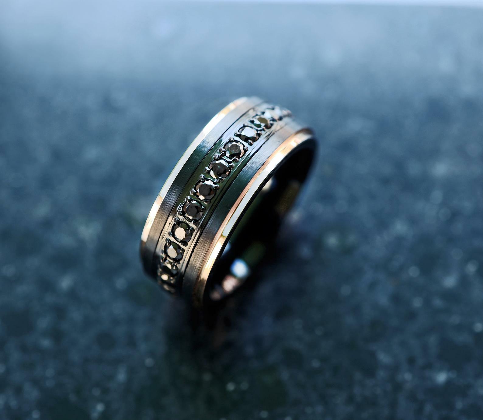 Raised Black Titanium Ring with Black Diamonds Brushed Finish 8mm Rose Gold Edge
