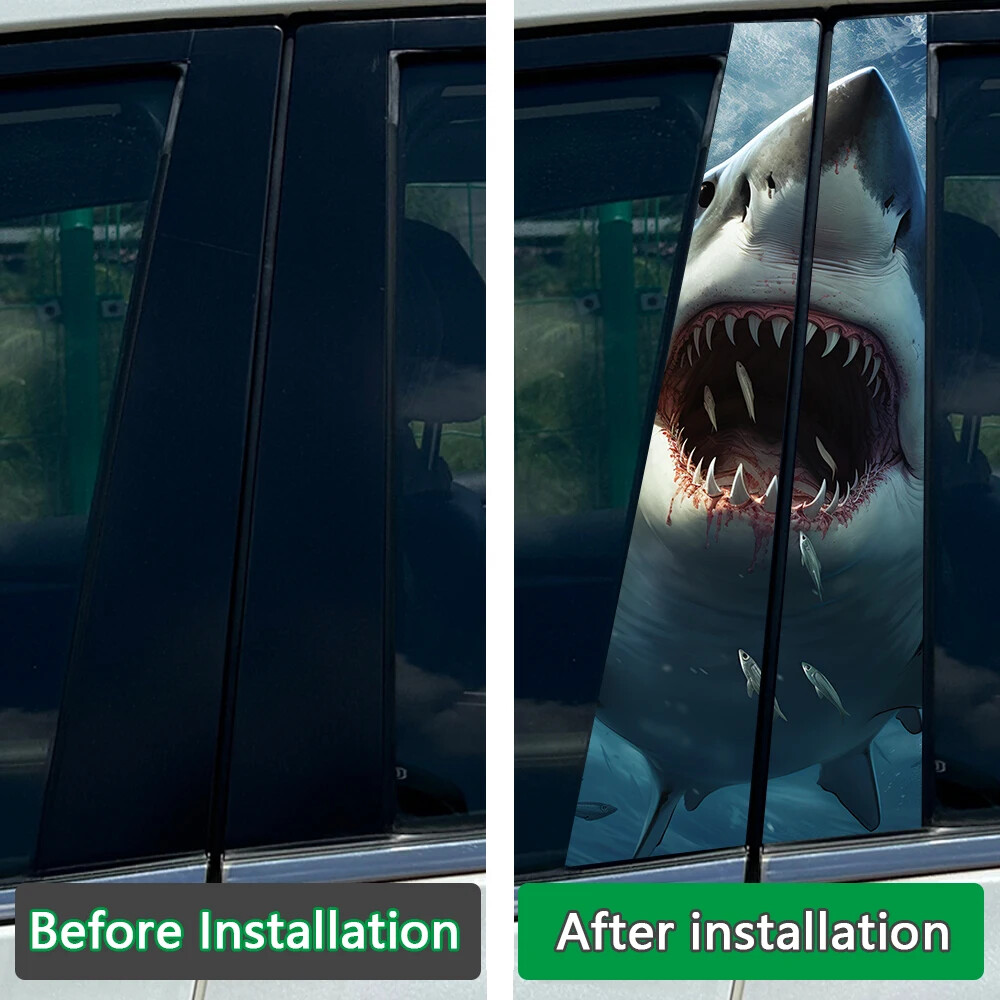 2x Tiger Shark Mouth Megalodon Car B Pillar Sticker Center Column Cover Decals