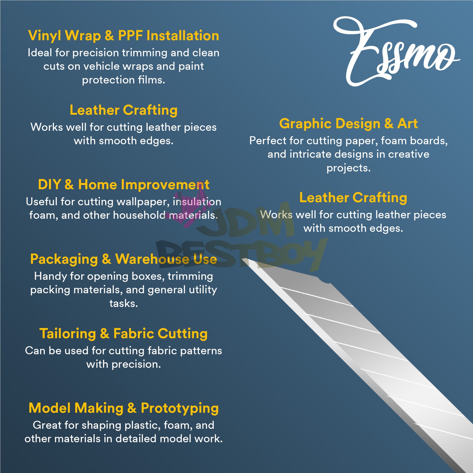 ESSMO 50pcs 30° Utility Knifes Blades Stainless Steel Vinyl Wrap Graphics Tools