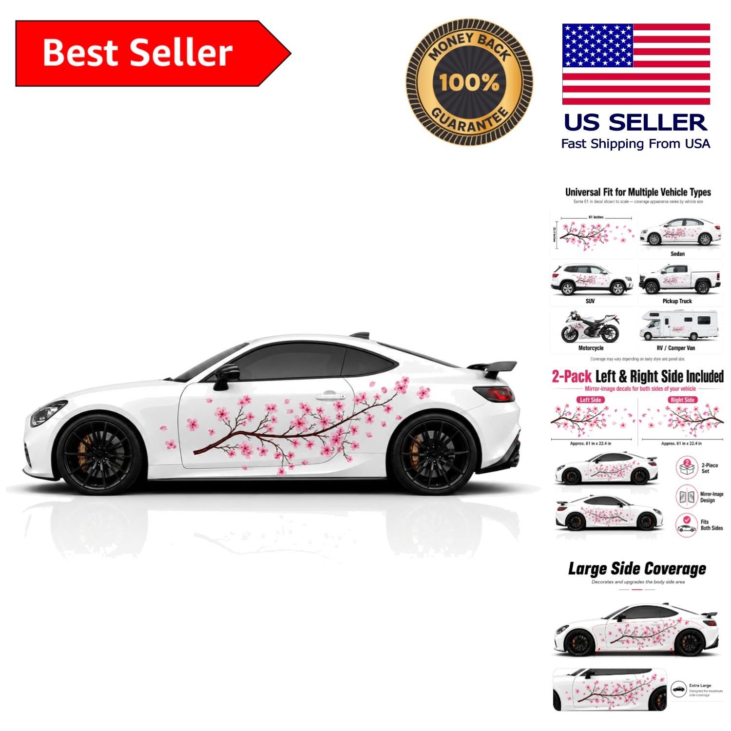 Elegant 2-Piece Sakura Car Decal Set – Waterproof Cherry Blossom Vinyl Stickers