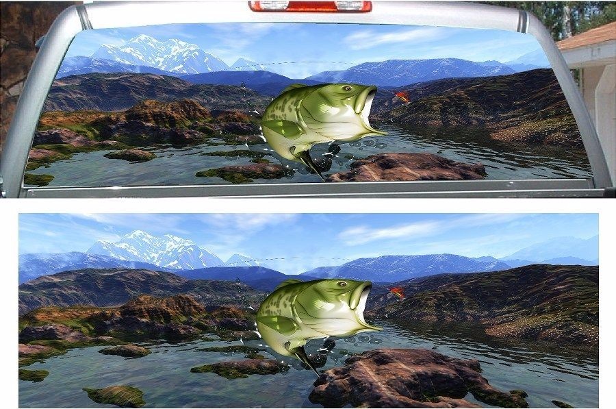 Large mouth bass fish fishing mountain rear window view thru graphic decal wrap