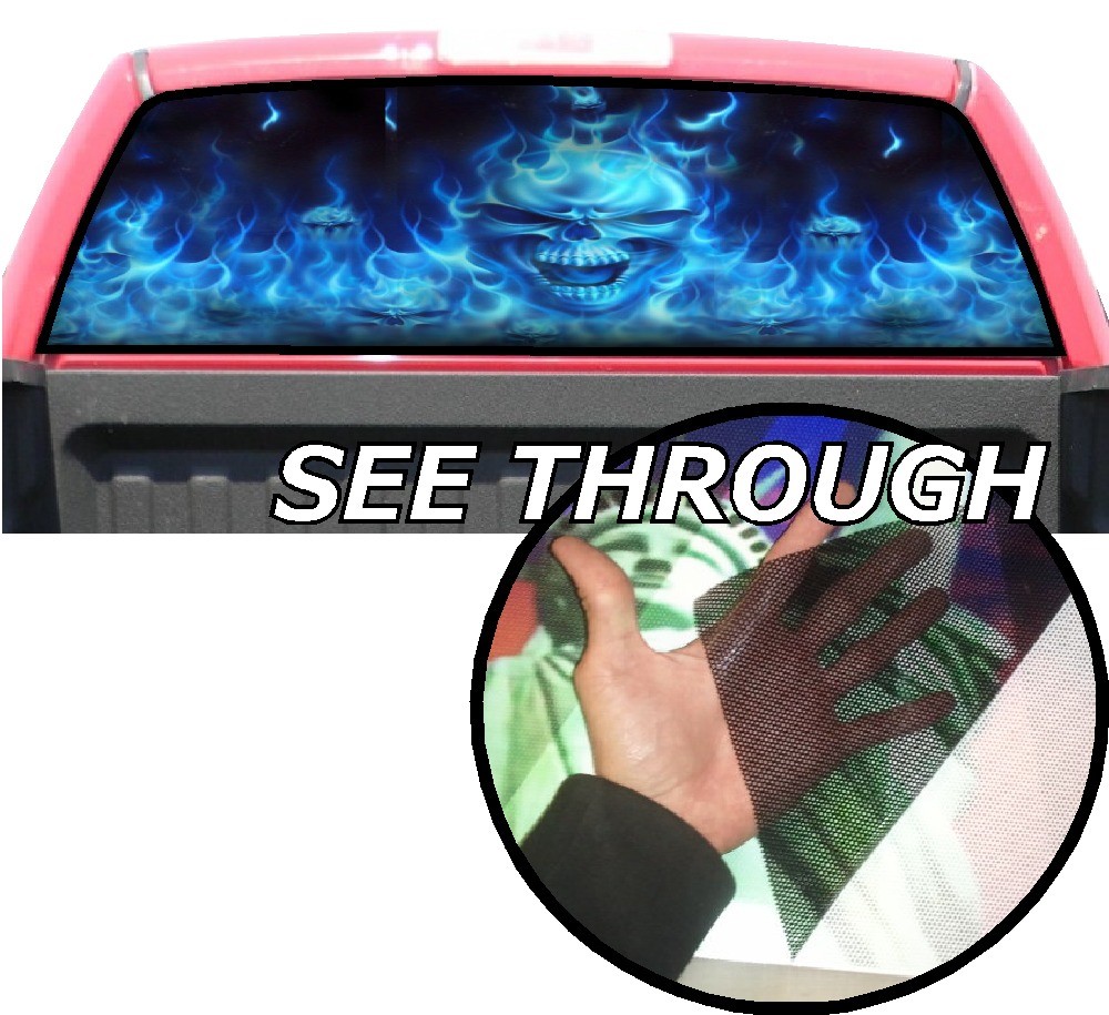 P367 Flaming Skull Blue Rear Window Tint Graphic Decal Wrap Back Pickup Graphics