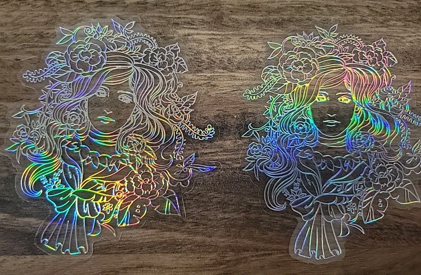 10 Decals Clear W/ Womans Face In Iridescent Silver, 5 Designs, 3.85″ Free Ship