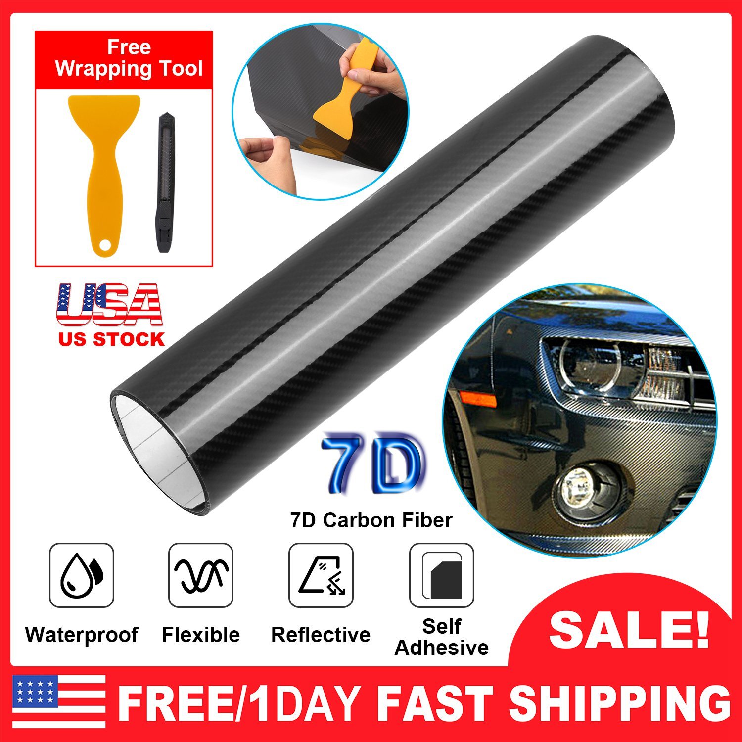 7D Carbon Fiber Car Wrap High Gloss Vinyl Wrap Film Air Release Self Adhesive