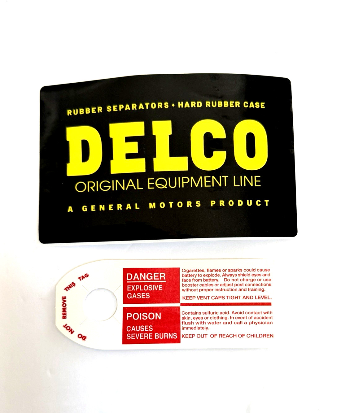 63-72 Impala R59 top terminal Battery tag + Delco side sticker Repros 2 PCS
