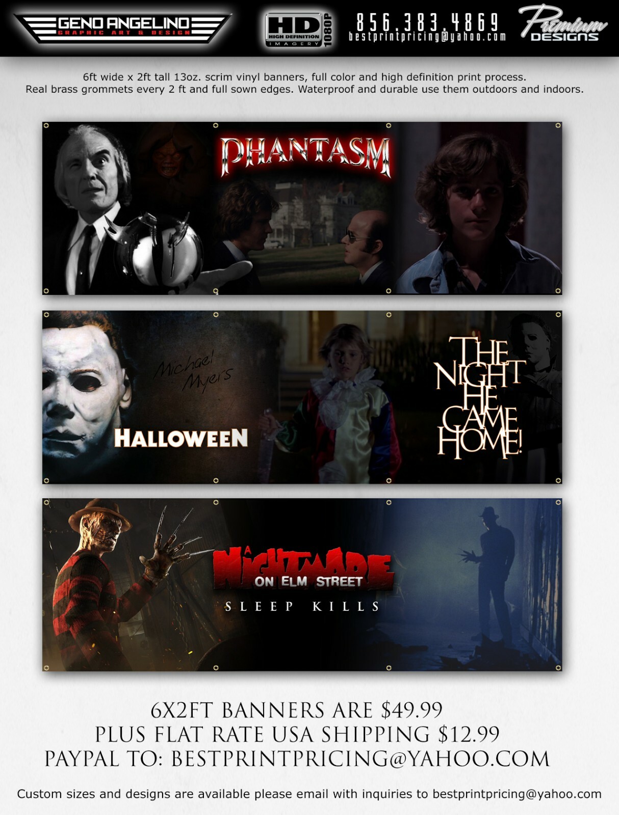 2ft x 6ft banner of Phantasm, Halloween or Nightmare On Elm Street