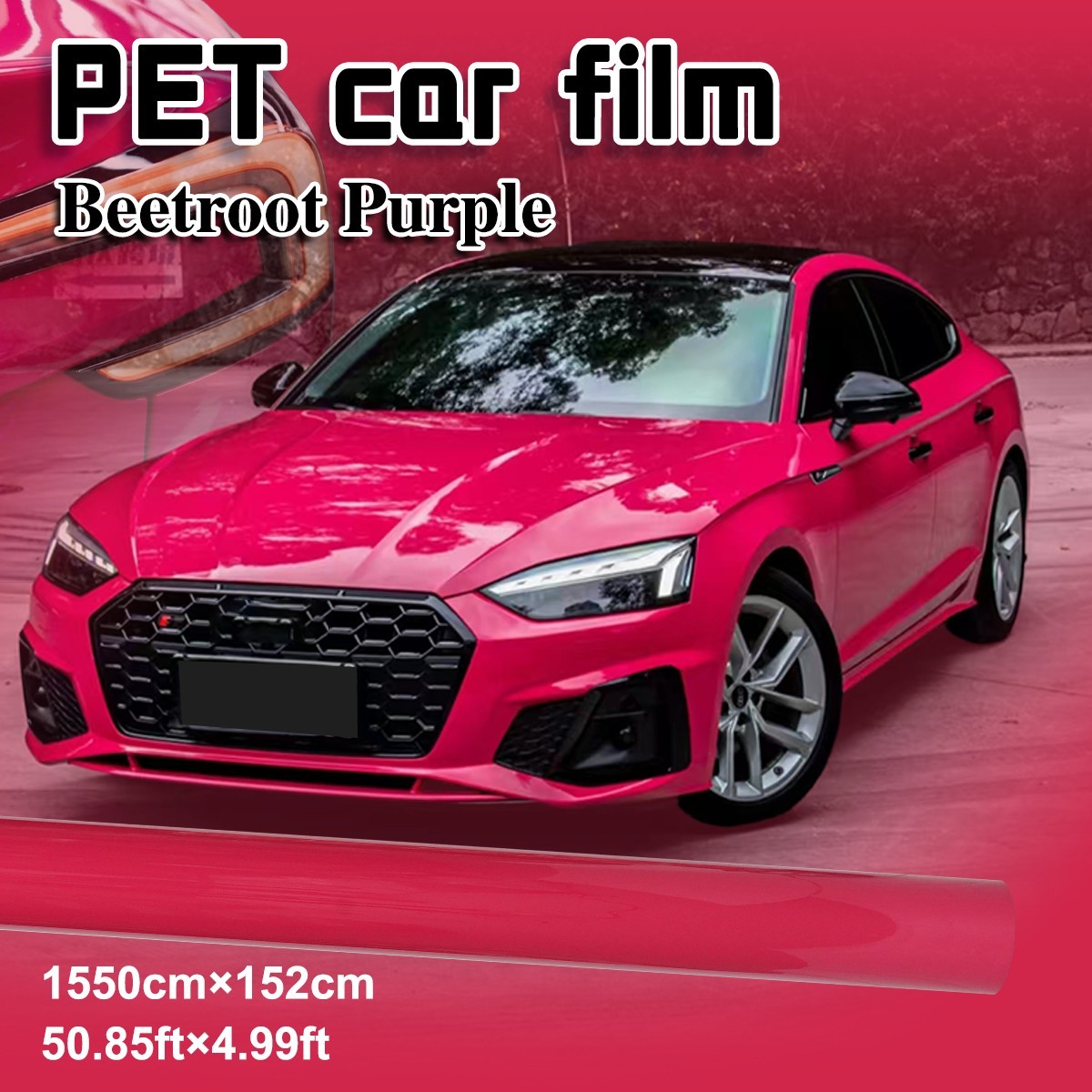 5FTx50FT PET Gloss Crystal Beetroot Purple Vinyl Wrap Self-Adhesive Air Release