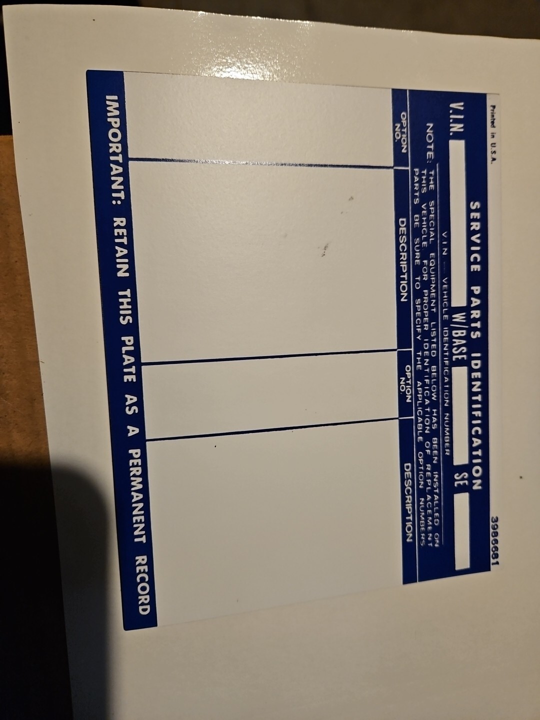 Reproduction Option “Service Parts I.D.” Sticker 3986681 For Chevy/GMC Trucks