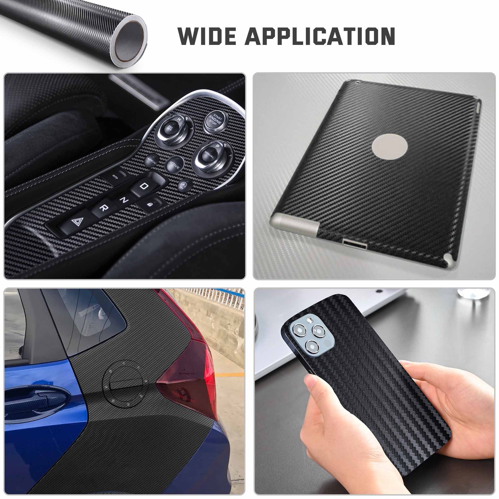 AHR 5×50 FT 3D Carbon Fiber Vinyl Wrap Film Roll w/ Air Release