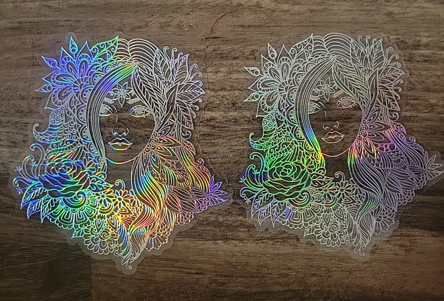 10 Decals Clear W/ Womans Face In Iridescent Silver, 5 Designs, 3.85″ Free Ship