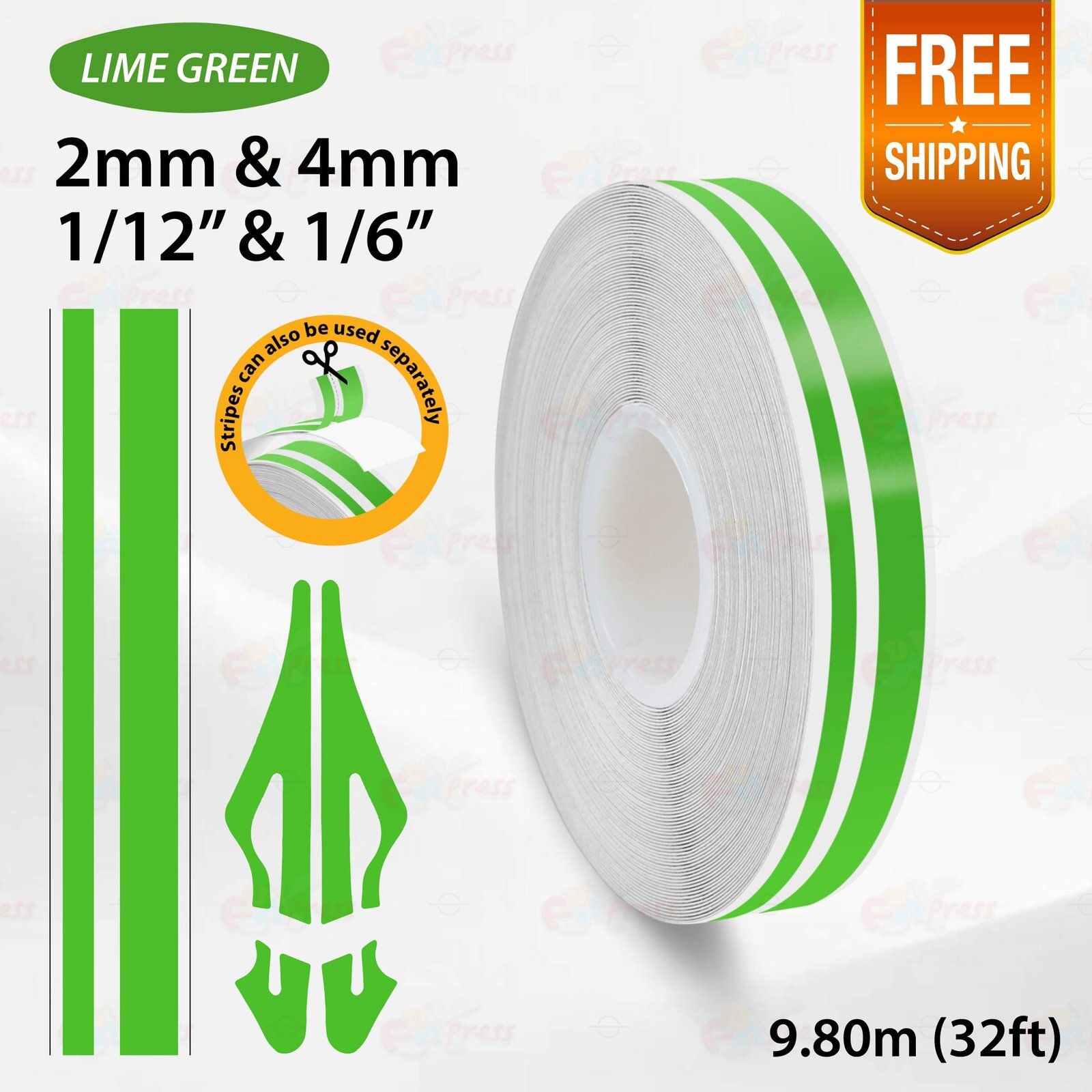 LIME GREEN 1/2″ 12mm Double Lines STRIPE Car Streamline TAPE Decal Vinyl Sticker