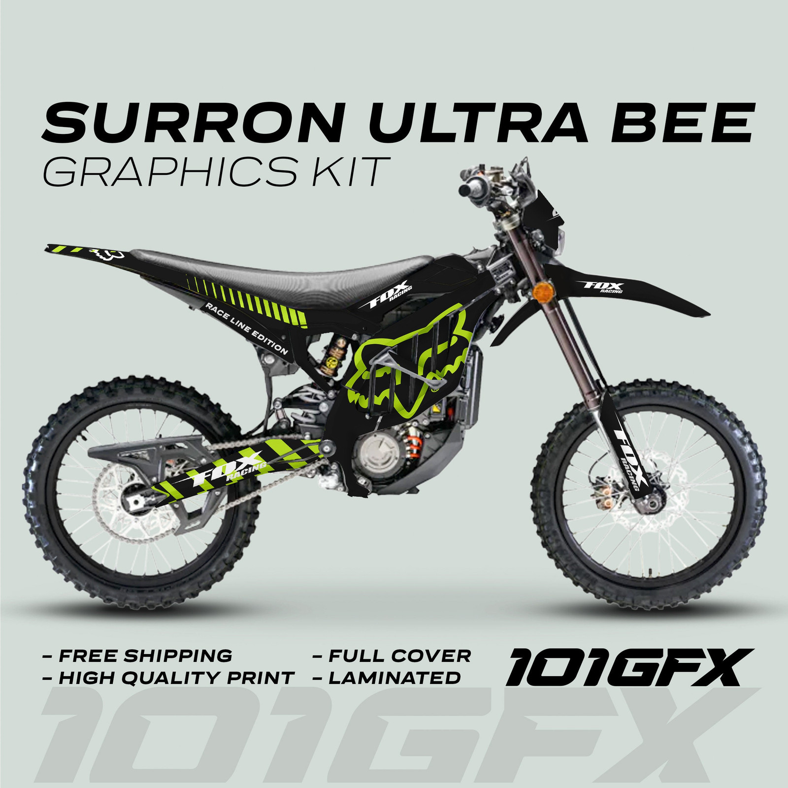Surron Ultra Bee Graphics Kit FOX RACE LINE Black Green Decals Stickers