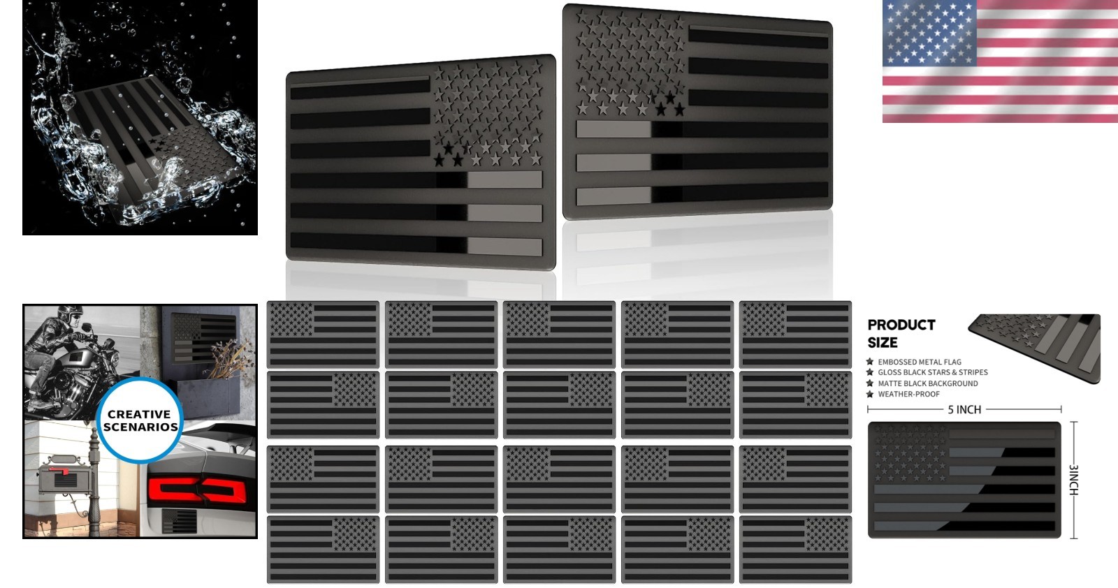 Matte Black 3D American Flag Emblems – Set of 10 Fade-Resistant Vehicle Stickers