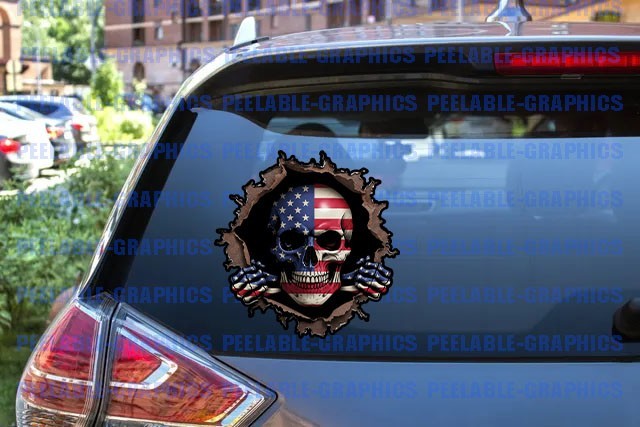 American Skull Peeking Metal Effect Vinyl Decal Sticker USA America