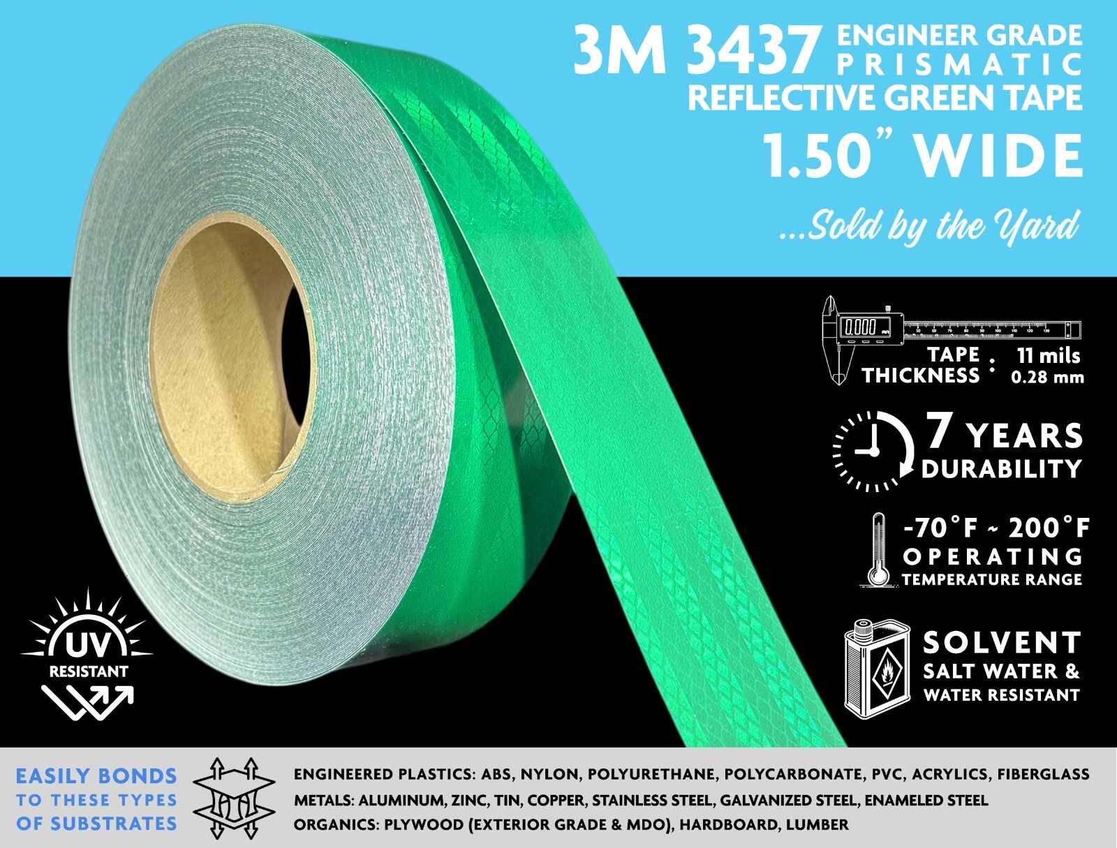3M 3437 EGP PRISMATIC REFLECTIVE TAPE, GREEN, 1.50” WIDE, SOLD BY THE YARD!