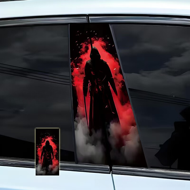 2pcs Man with Red Smoke Car Center Pillar Sticker B-pillar Protective Film